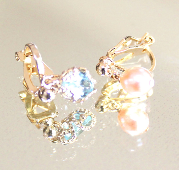 Creema限定 Swiss Blue Topaz & Pink Pearl earrings+sapphire 5枚目の画像