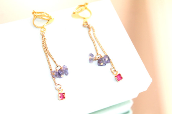 -k18gp- Ruby & iolite charm earrrings +"sapphire"present 1枚目の画像