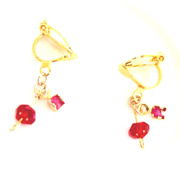 k18gp mini ruby &red vintage glass charm earrings+"sapphire" 3枚目の画像