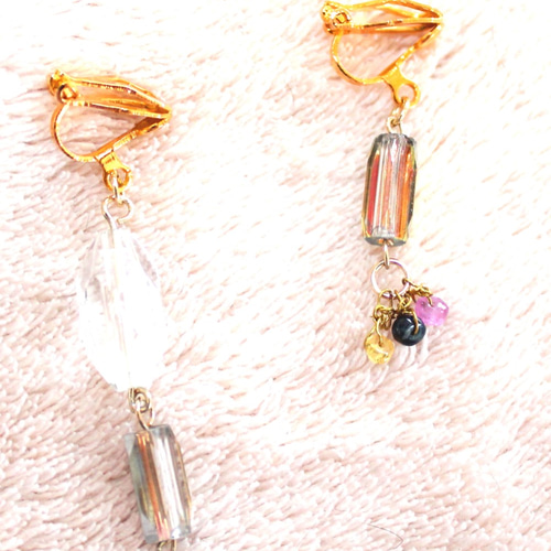 k18gp- マルチカラーサファイア ＆ vintage glass イヤリング +ruby