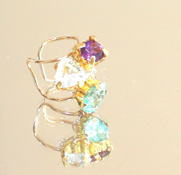 K10 イヤーカフ　Amethyst + Aquamarine + Apatite &ruby 4枚目の画像