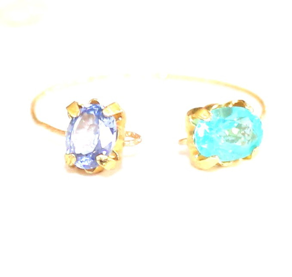 k18 フォークリング ~ tanzanite & neon blue apatite ~ 1枚目の画像