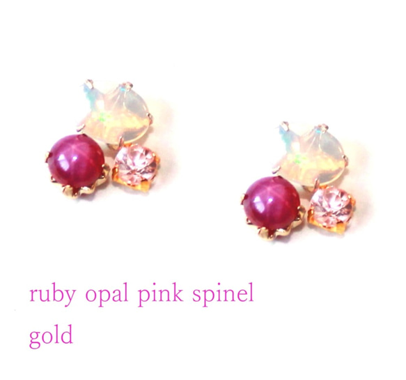 Ruby & Pnk Spinel & Opal Earrings 2枚目の画像