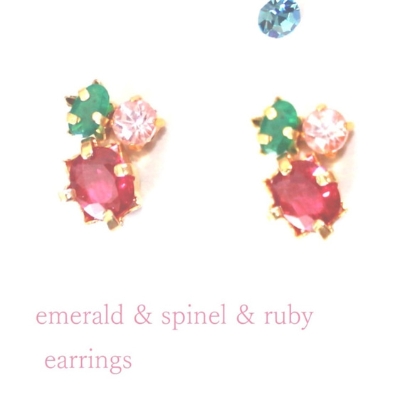 Emerald & Pink Spinel & Ruby Earrings 2枚目の画像