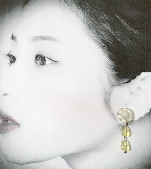 Transparent gray flower buttons and john kill earrings 4枚目の画像