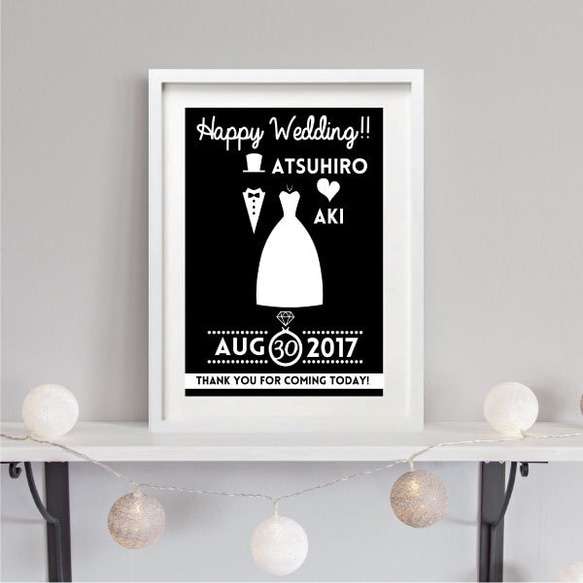 結婚式や入籍のお祝いに！モノトーンなブライダル・ウェディングウェルカムボード#TUXEDO&DRESS2(A3) 1枚目の画像