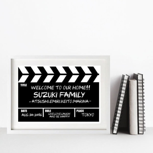 引越し祝いや結婚のお祝いに！お名前入りモノトーンポスター・ファミリーポスター#CLAPPERBOARD(A4) 2枚目の画像