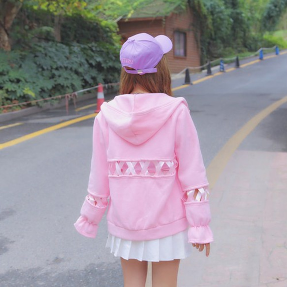 新品ゆめかわリボンパーカーレースアップでオシャレ パーカー yume  