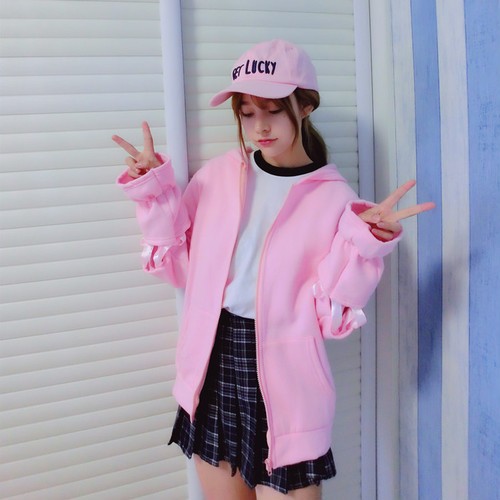 新品ゆめかわリボンパーカーレースアップでオシャレ パーカー yume