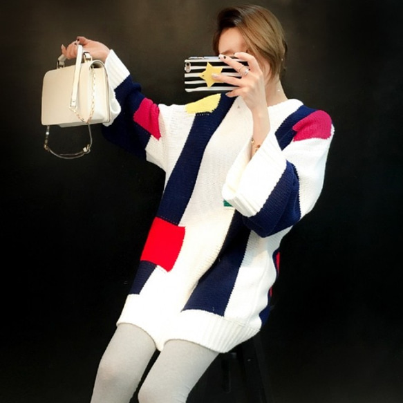 ファッション配色ラウンドネックスピーカースリープセーター 3枚目の画像
