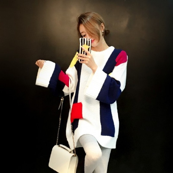 ファッション配色ラウンドネックスピーカースリープセーター 5枚目の画像