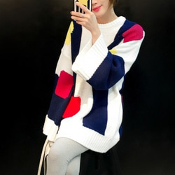 ファッション配色ラウンドネックスピーカースリープセーター 6枚目の画像