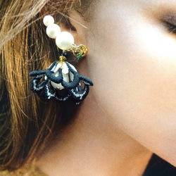 （重新）復古黑花蕾絲和珍珠Ashime耳環/耳環 第4張的照片