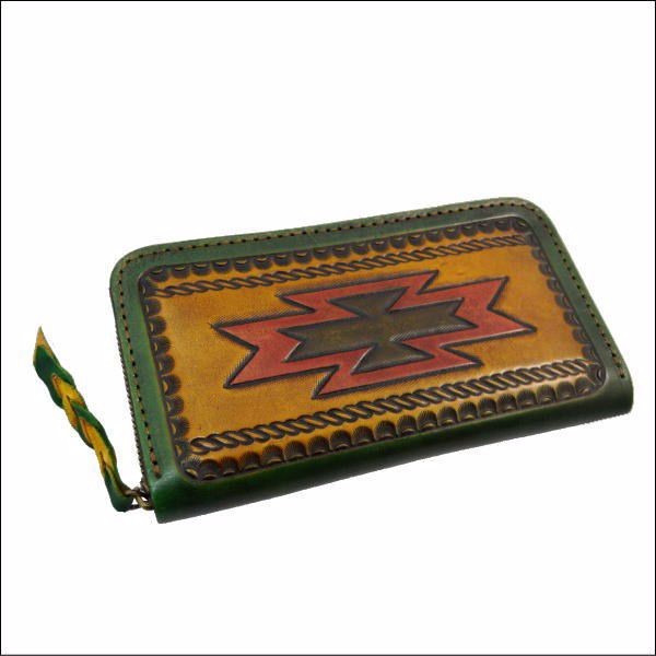 チマヨ柄 ネィティブ柄 長財布 カービング ラウンドファスナー グリーン 20171207GR