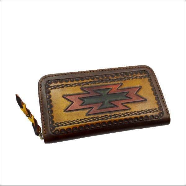 チマヨ柄 ネィティブ柄 長財布 カービング ラウンドファスナー ブラウン 20171207BR