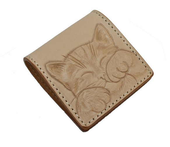 貓零錢包牛皮零錢包Nume Leather貓雕刻工藝笑小貓18070801 第2張的照片