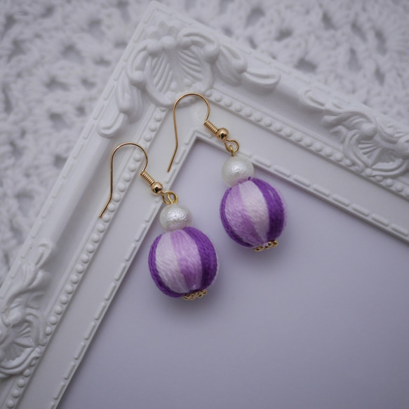 漸變色系 紫色刺繡球珍珠耳環/耳夾 第3張的照片