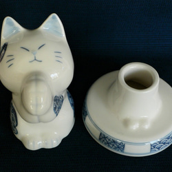京焼　染付　猫の置物　「お祈り猫」　猫のお地蔵さんセット 8枚目の画像