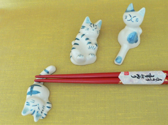 京焼　染付　猫の 箸置き　三種セット (C) 1枚目の画像