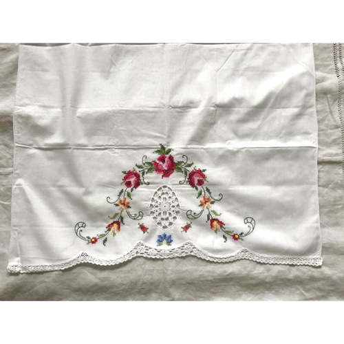 ヴィンテージ クロスステッチ・レース カフェカーテン 71cm×105cm