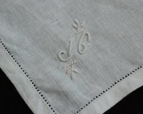 アンティークリネン モノグラム刺繍JG 生地 アンティーク
