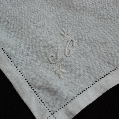 アンティークリネン モノグラム刺繍JG 生地 アンティーク
