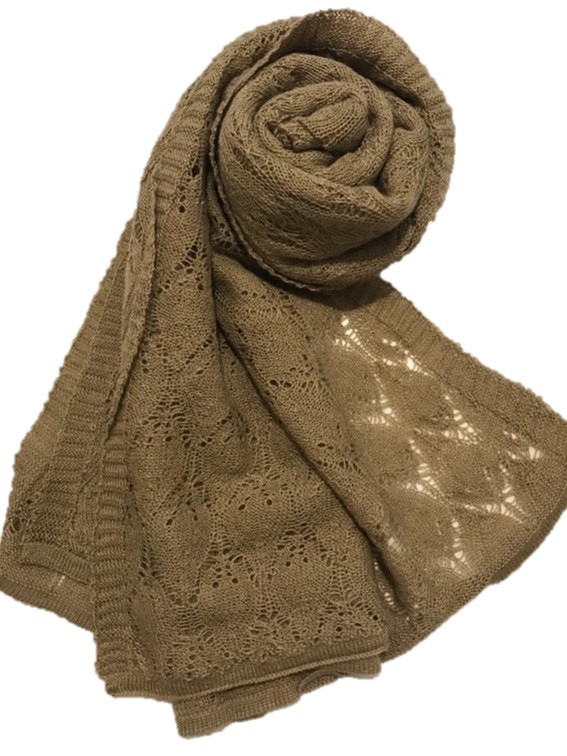 柔らかかぎ編みストール　ベビーアルパカ100%　キャメル　送料無料