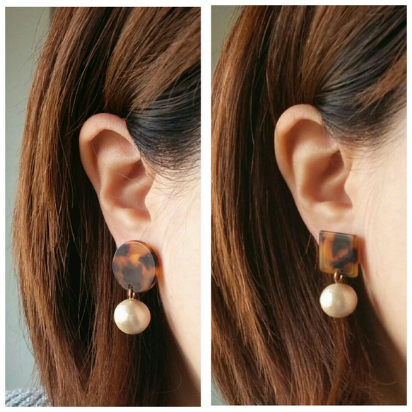 人気！】冬のべっこう×コットンパールピアス 金属アレルギー対応 樹脂 