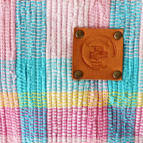 【裂き織】三角ポーチ　ピンク×水色　淡色チェック　手織り 3枚目の画像