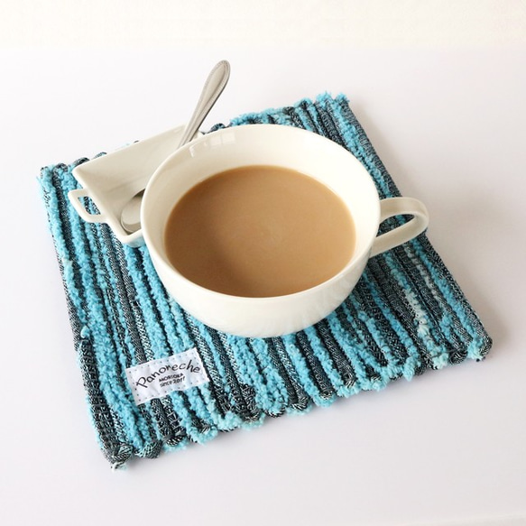 【裂き織】コーヒーマット　デニムブルー　手織り 1枚目の画像