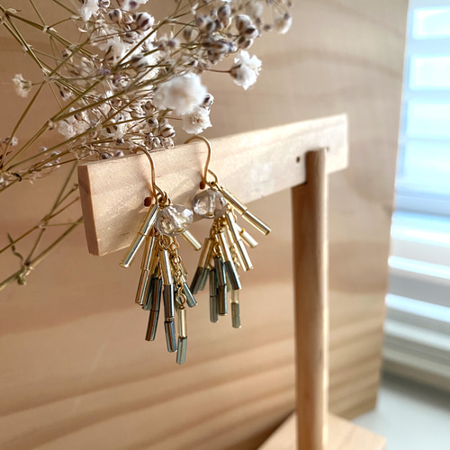 【ピアス】竹ビーズとスモーキークォーツのタッセルピアス