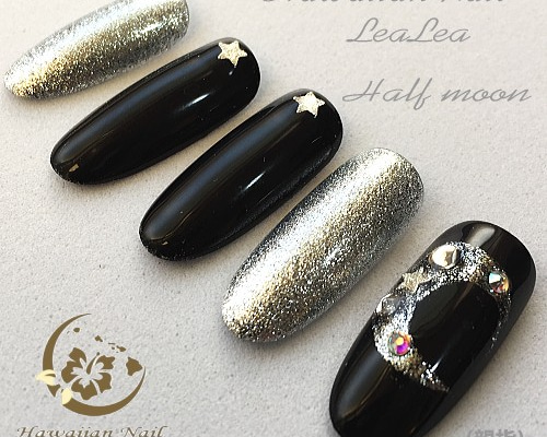 ハーフムーンネイル♡手書きアート 夜空つけ爪（T-005 ハーフムーン