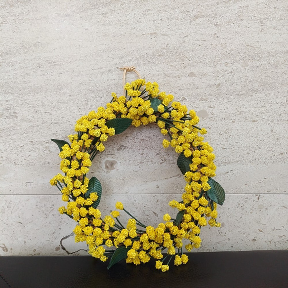 紙ヒモクラフト／ミモザのリース／黄色(17㎝サイズ)(K-018) リース