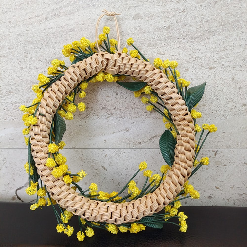 紙ヒモクラフト／ミモザのリース／黄色(17㎝サイズ)(K-018) リース