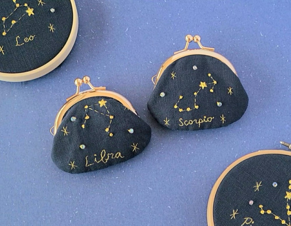 星座の刺繍がま口 夜空 星空 ビーズ キラキラ 夏 アクセサリーケース