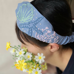 夏セール！海のいきもの刺繡 リネンのヘアバンド ヘアターバン　ヘアアクセサリー 夏　 2枚目の画像