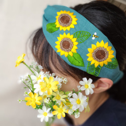 夏セール！ひまわりの刺繡 リネンのヘアバンド ヘアターバン ヘアアクセサリー 夏　 2枚目の画像