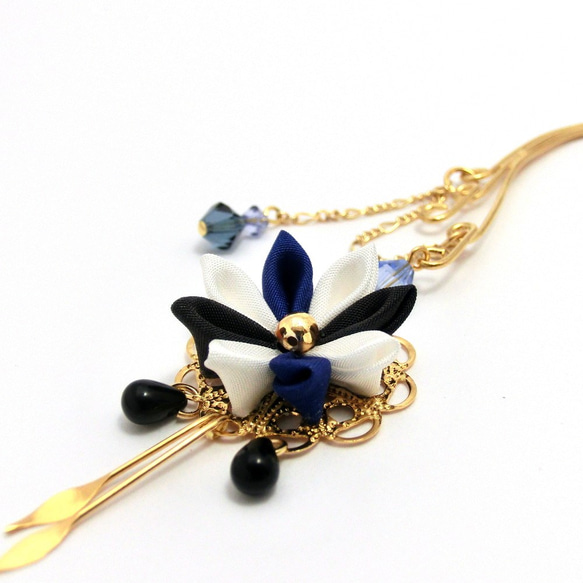 旋鈕工作耳鉤&lt;B藍色&gt; [小花]單色Trico顏色施華洛世奇和服 第1張的照片