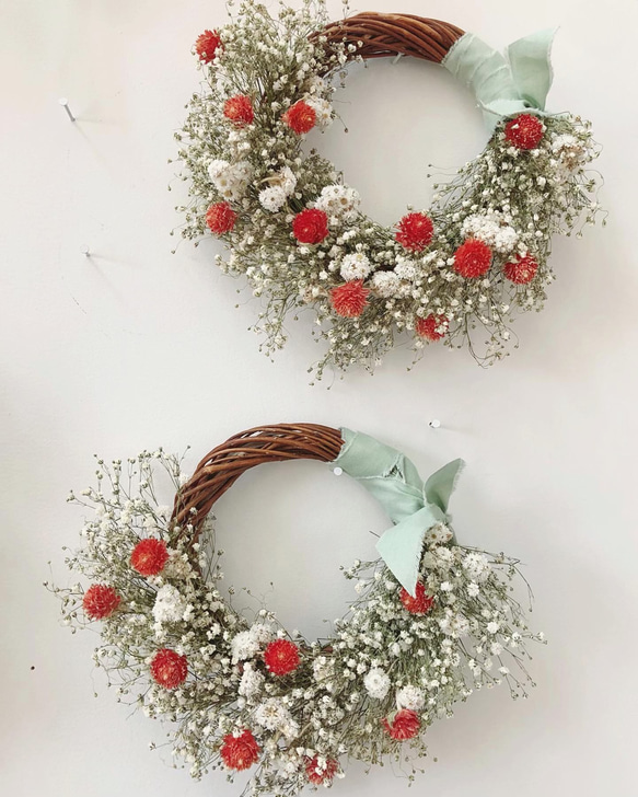 flower wreath  " strawberry "  ハーフリース かすみ草 ドライフラワー リース 2枚目の画像