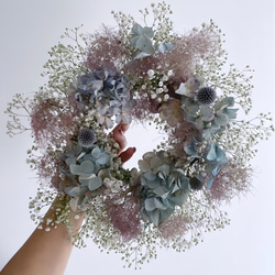 flower wreath " rainy "  紫陽花 スモークツリー かすみ草 ドライフラワー リース フラワー 2枚目の画像