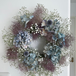 flower wreath " rainy "  紫陽花 スモークツリー かすみ草 ドライフラワー リース フラワー 3枚目の画像