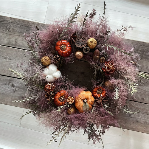 紫色のドライフラワーリース　スモークツリー 紫スモークツリーとアジサイのふわふわリース✳︎ドライフラワー