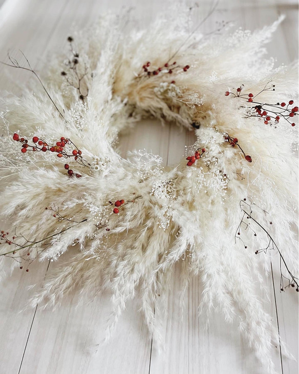 flower wreath " chat blanc " フラワーリース パンパスグラス リース 1枚目の画像