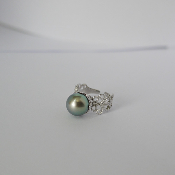 天然色淺綠色大溪地珍珠戒指－925純銀－天然色海水珍珠－開口戒指自由尺寸－優雅蕾絲鏤空闊戒臂戒指－全球免郵費 第7張的照片