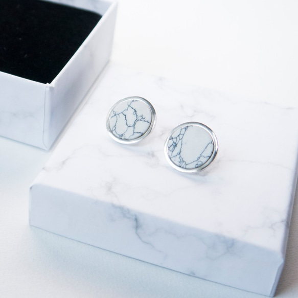 石紋。白松石片小耳環 WHITE HOWLITE SILVER CIRCLE EARRING 02 第3張的照片