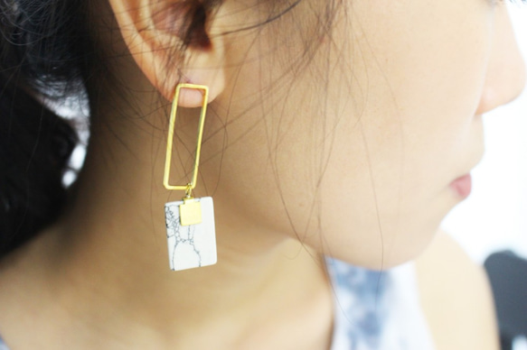 幾何。黃銅長方耳環 耳針純銀 GEOMETRIC RECTANGLE EARRING 第6張的照片