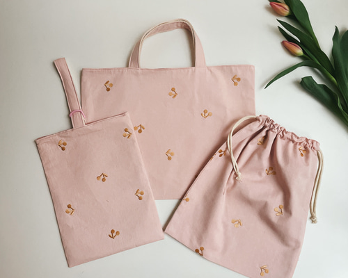 876〈新品〉レッスンバッグ シューズケース ピンク 刺繍 さくらんぼ2点
