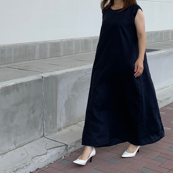 黒リネンAラインノースリーブワンピース(オプション適用) ワンピース  