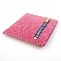 【受注製作】リザードスキン製ミニウォレット トカゲ革のスリムで小さい財布 札入れ・小銭ポケット付き 男女兼用（ピンク） 2枚目の画像