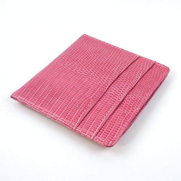 【受注製作】リザードスキン製ミニウォレット トカゲ革のスリムで小さい財布 札入れ・小銭ポケット付き 男女兼用（ピンク） 3枚目の画像
